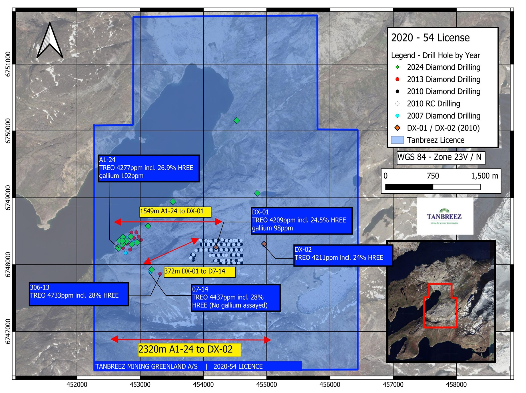 Drillhole collar positions for the new deep diamond holes DX-O2 to 195m, D306-13 to 328m with the average assay results from surface. The lengths between drill holes is approximately 1300 metres with a total distance from A1-24 to DX-02 of approximately 2320m in a straight line 1037m with a width of 372m width between DX-02 and D306-13.