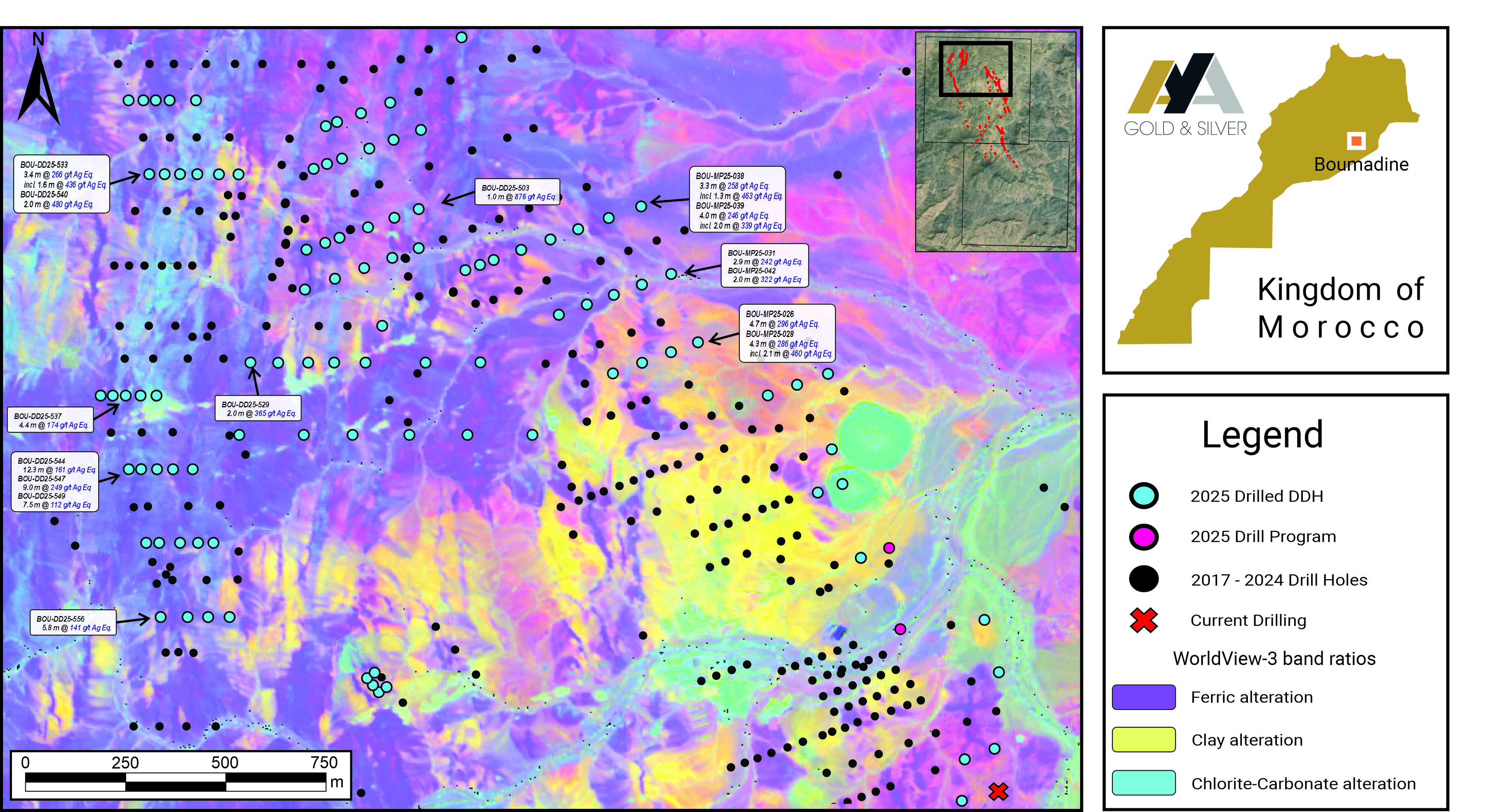 Surface Plan of Boumadine North, Imariren and Tizi Zones with New DDH Results