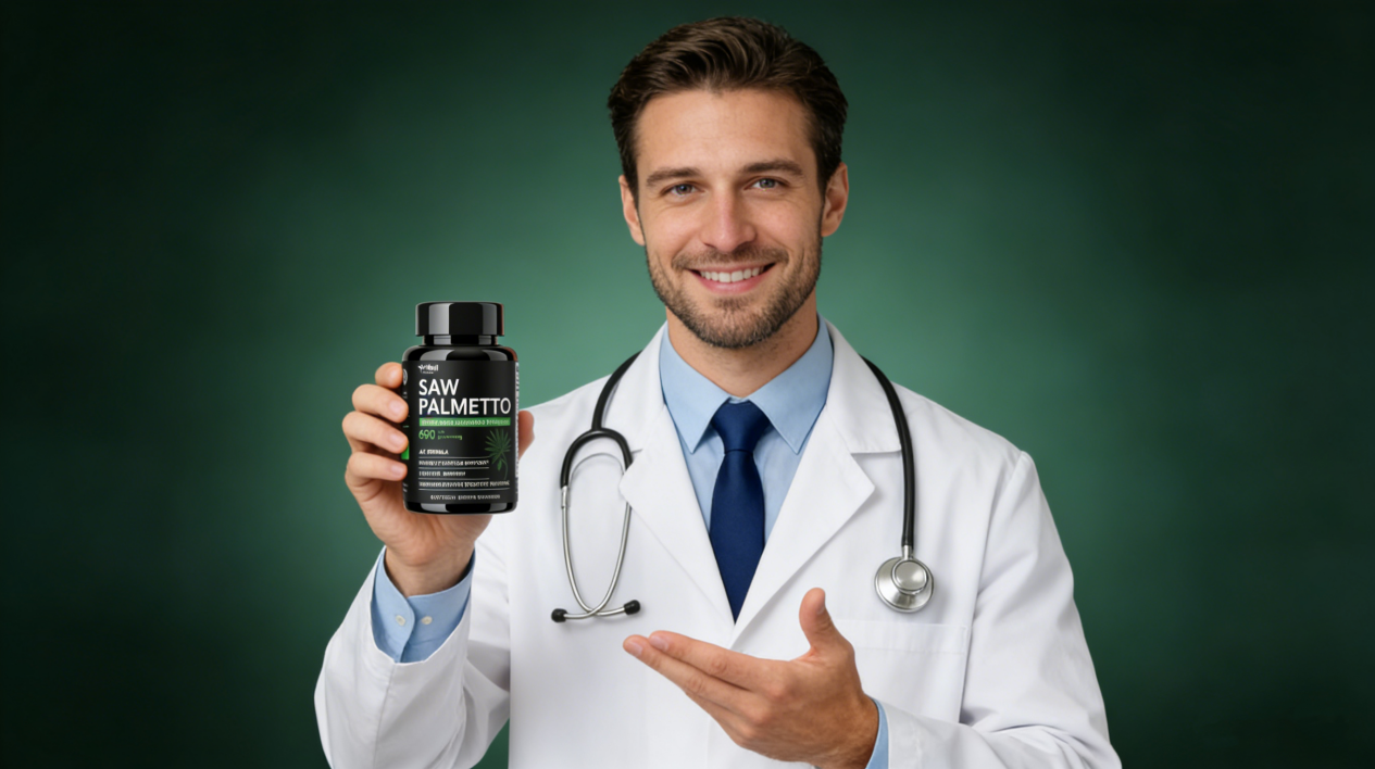 Diagram explaining how saw palmetto may inhibit 5-alpha-reductase to support healthy DHT levels.