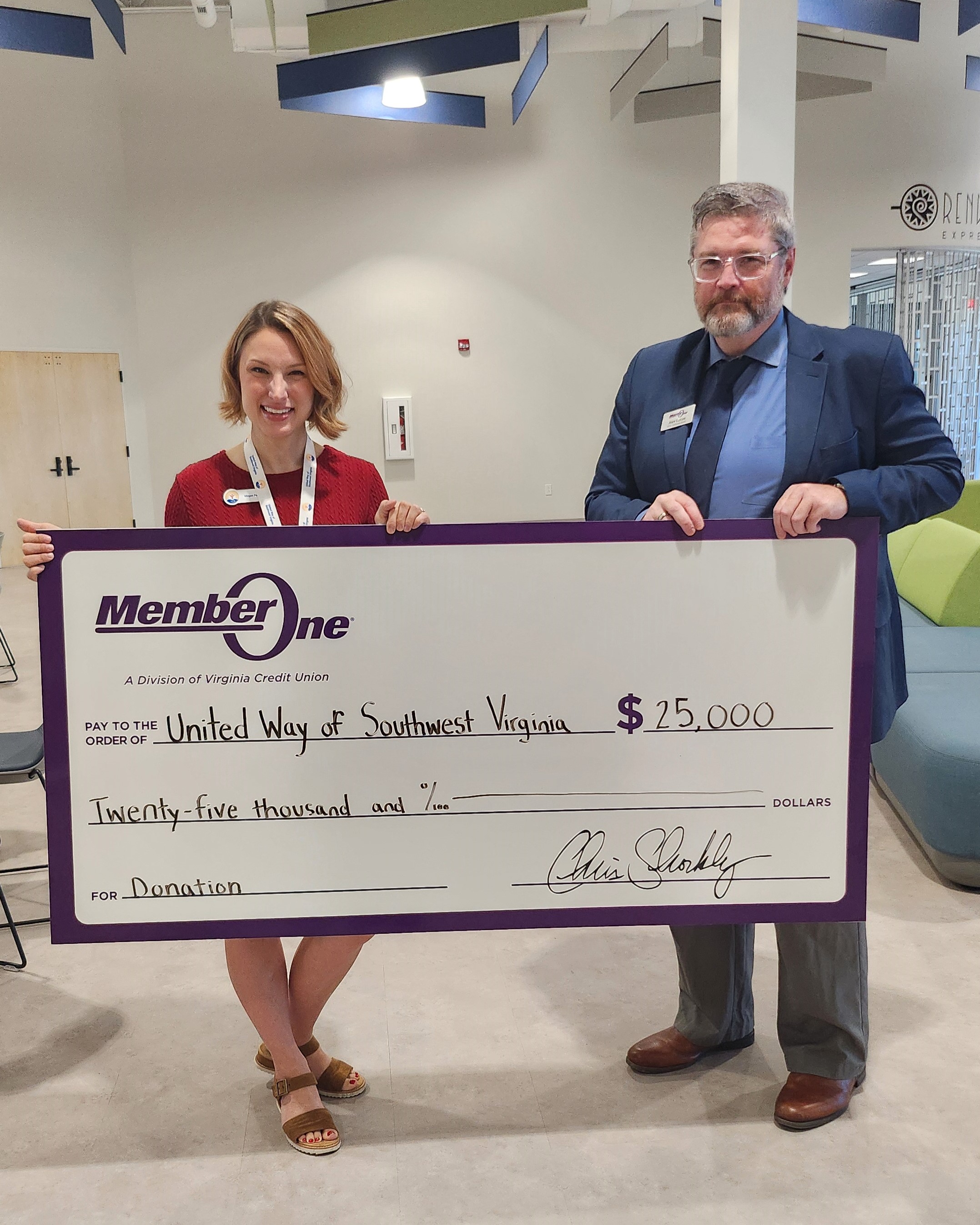 To aid credit union members and our neighbors in Southwest Virginia, Virginia Credit Union and its Member One division are donating $25,000 to assist Hurricane Helene relief efforts. Pictured are Megan Parks, Executive Director of United Way of Southwest Virginia, and Alex Lucas, Vice President of Community Impact for Member One.