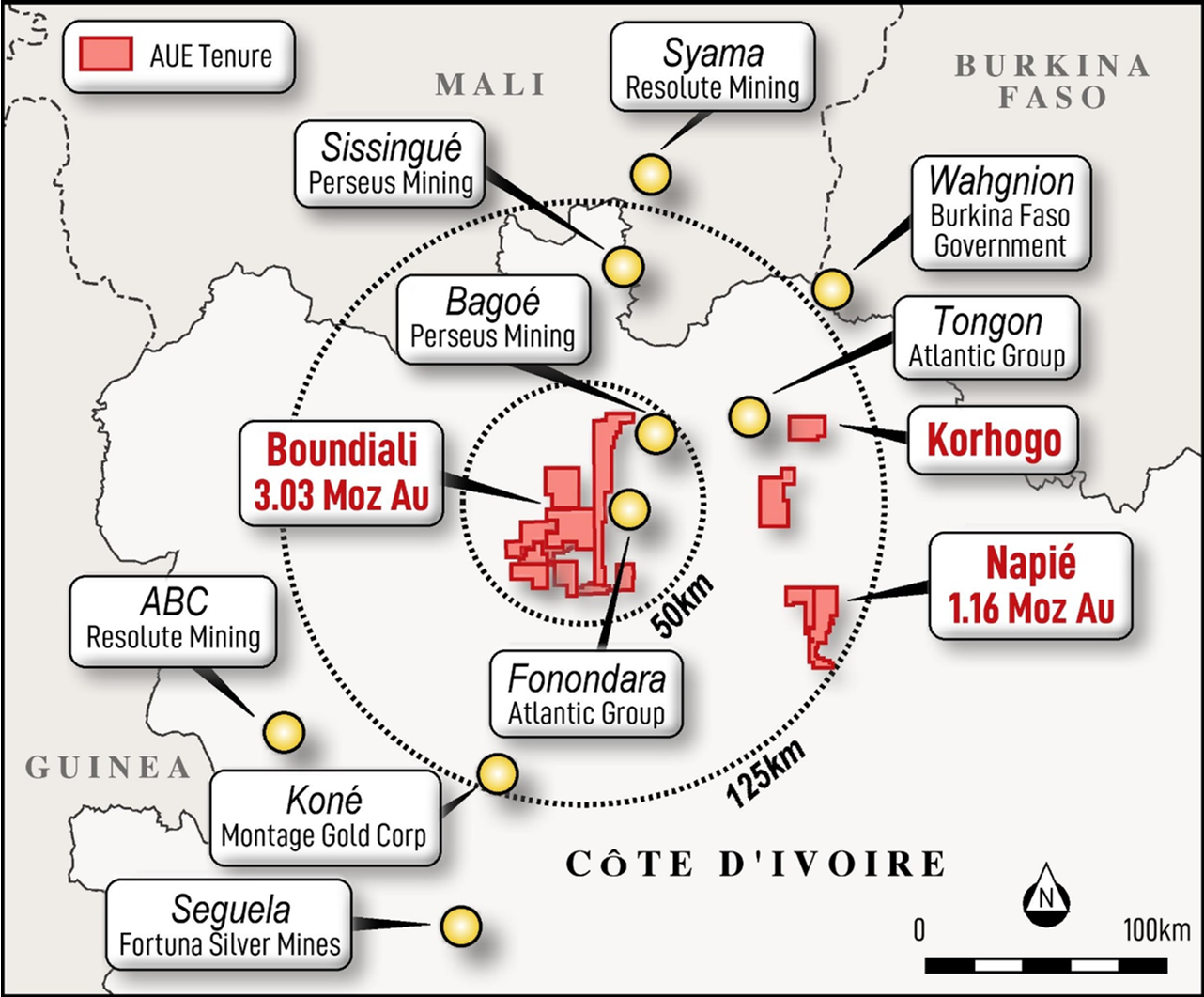 Location of Aurum’s Boundiali and Napie Projects in Côte d'Ivoire image