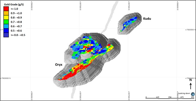 Plan view showing material in the reporting pit shells above 0.5 g/t Au (mineral resource reporting cut-off)
