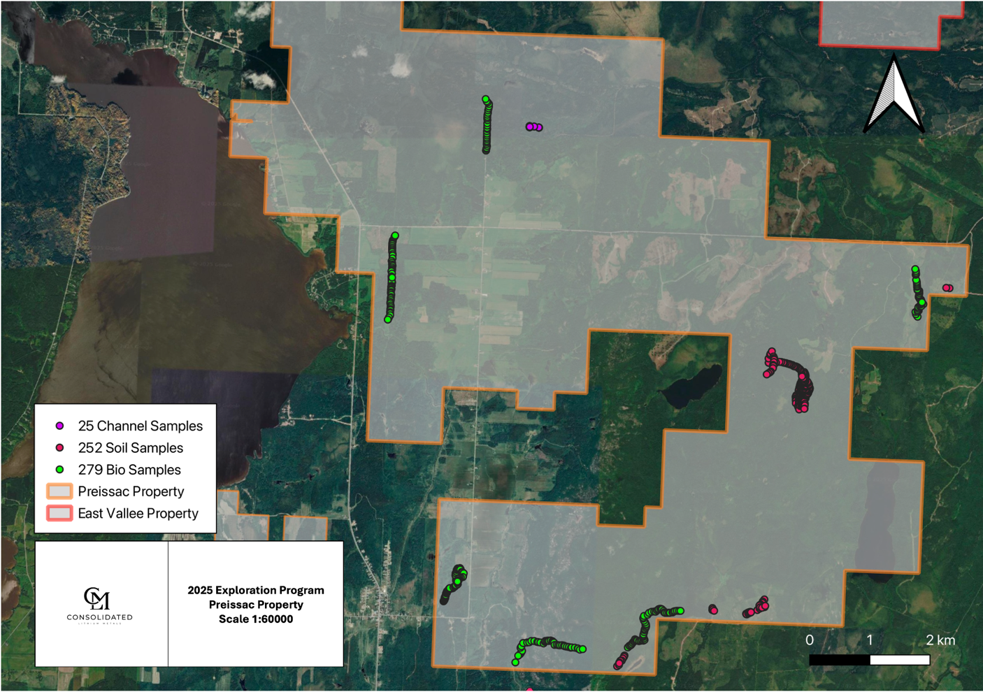 Figure 6 – CLM 2025 Exploration | Channel/Soil/Bio Sampling | Preissac-Lacorne Property 