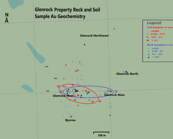 Glenrock Property Rock and Soil Sample Au Geochemistry