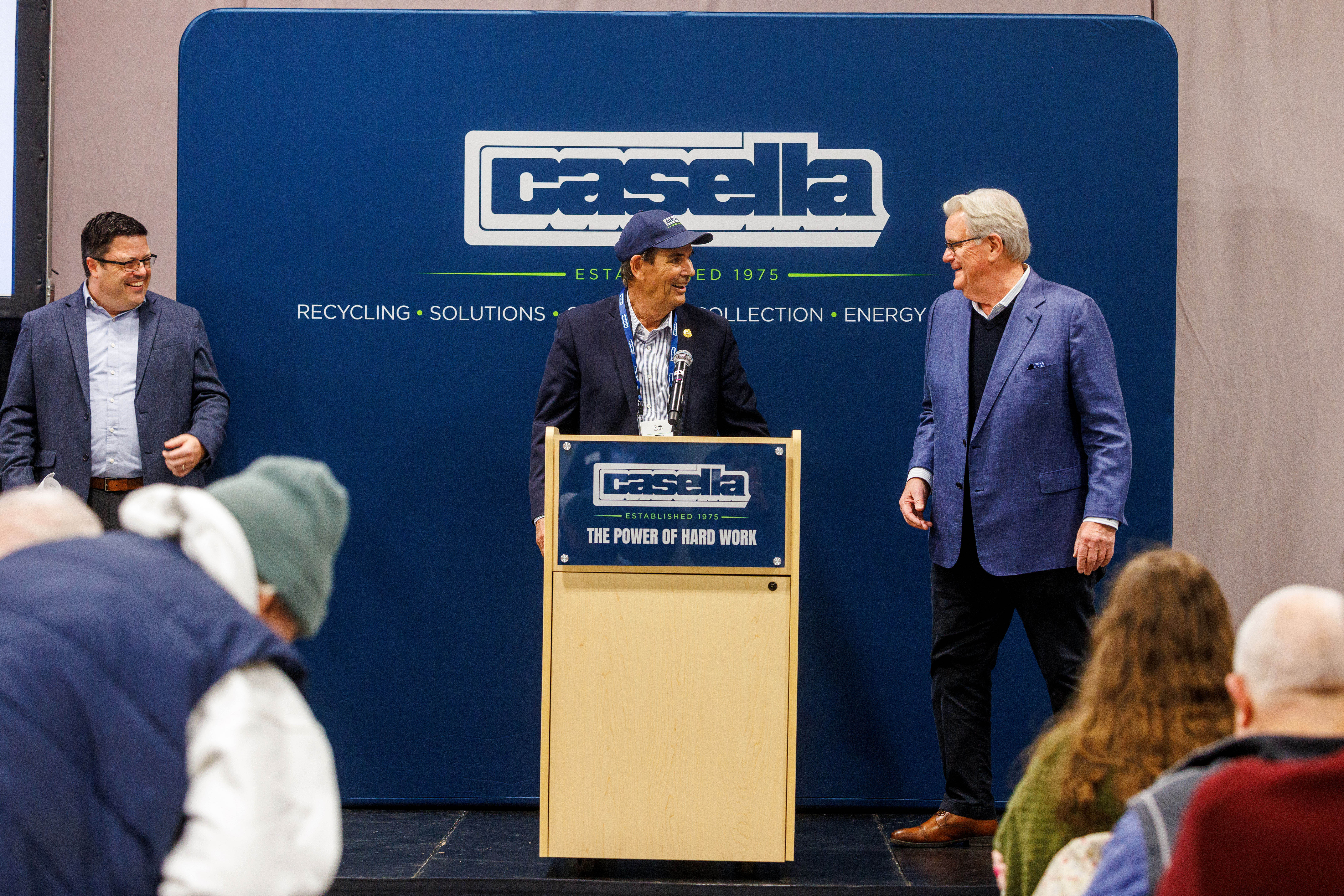 John W. Casella, Chairman & CEO of Casella Waste Systems, Inc., and Doug Casella, Founder of Casella Waste Systems, Inc., share a light-hearted moment at the dedication of the Kenneth A. Hier Sr. CDL Training Center.