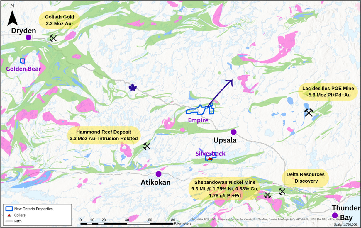 Location of VR’s newly acquired and recently expanded properties in northwestern Ontario, outlined in blue, showing proximity to greenstone belts with mafic and alkalic-felsic intrusions mapped by the OGS. The Empire District, an area covered by thin glacial till and is nearly unexplored relative to surrounding areas. Contained metal for advanced and producing projects are from publicly available sources and are not mineral resources.