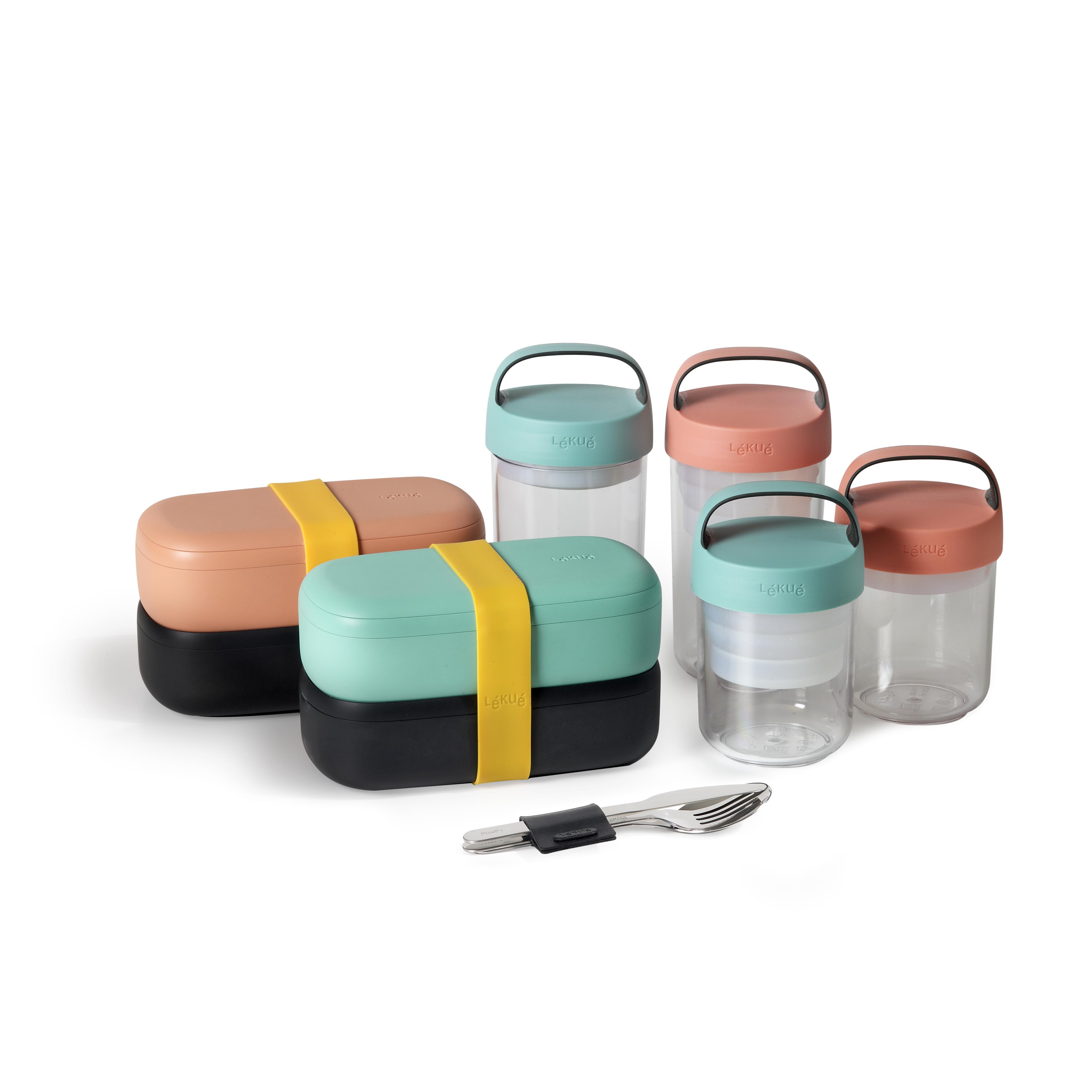 The Lunch to Go and Jar to Go items are leakproof containers for taking lunch to go.  Available in turquoise and coral colors.