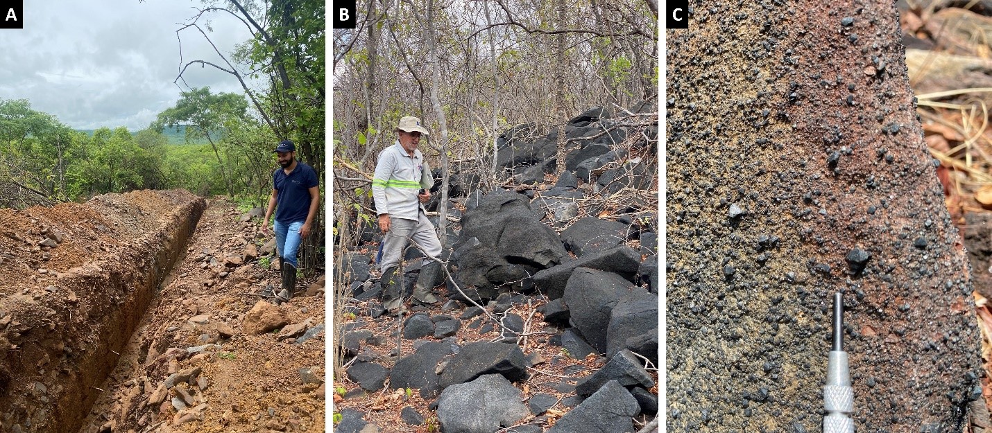 A. Overview of trench TR22IP01, totaling 71 m from northwest to southeast. B. Chromitite boulders marking an outcropping area of approximately 100 m along trend by 30 m wide crosscut by, and outcrop within, trenches TR22IP01 and TR22IP02. C. Detailed
