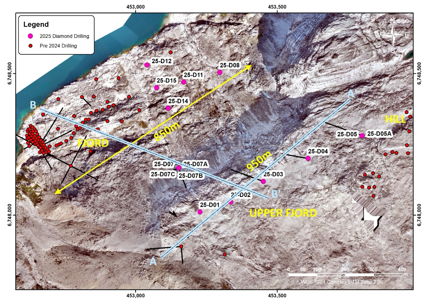 Project Drilling Historical 2007- 2014 and 2024 and 2025 Summary Plan (WGS84 zone 23N)