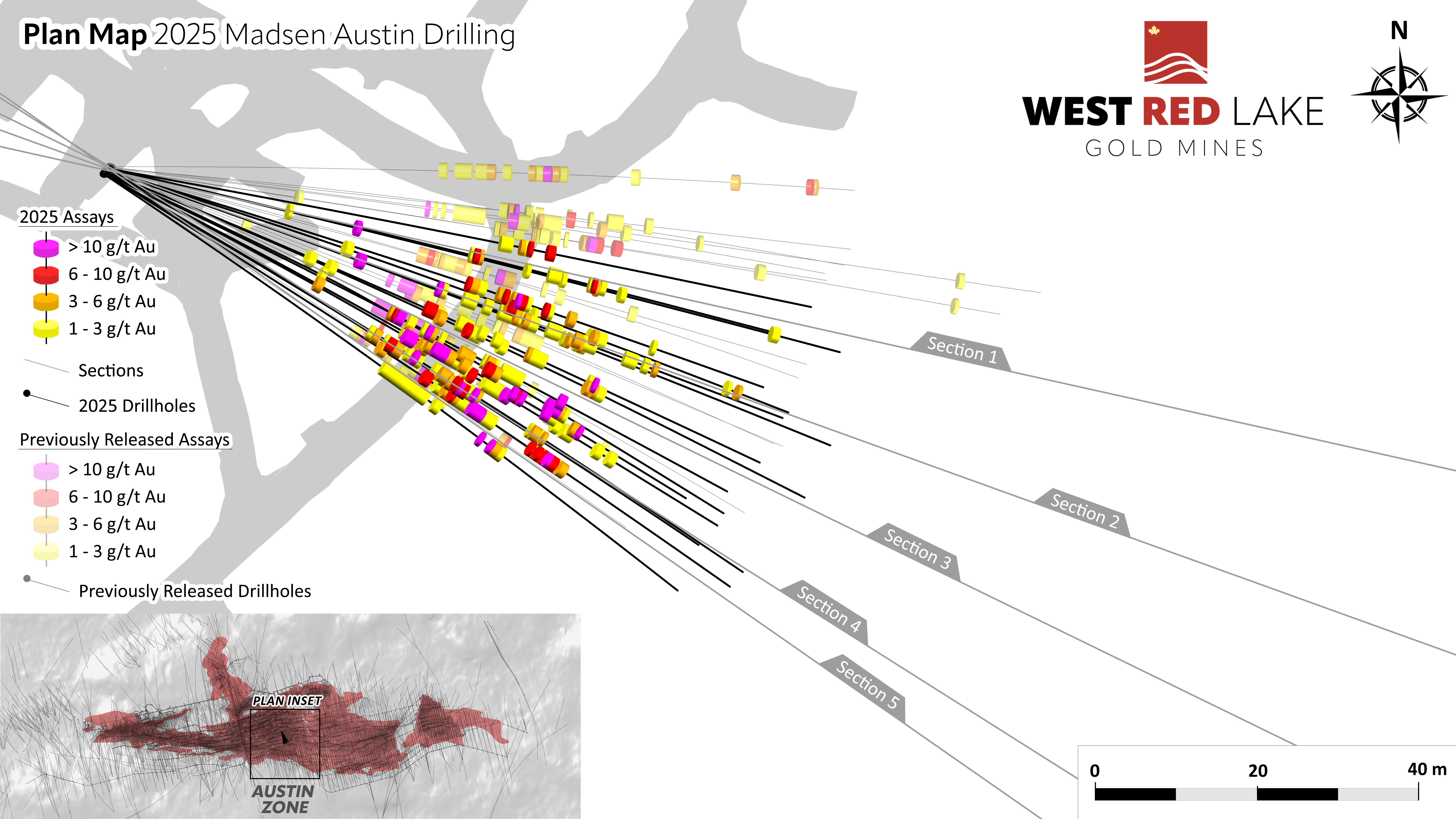 FIGURE 3. Austin plan view drill section showing assay highlights for Holes MM25D-12-4860-016 through -032. image