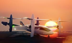electric vertical takeoff and landing aircraft on runway at sunset
