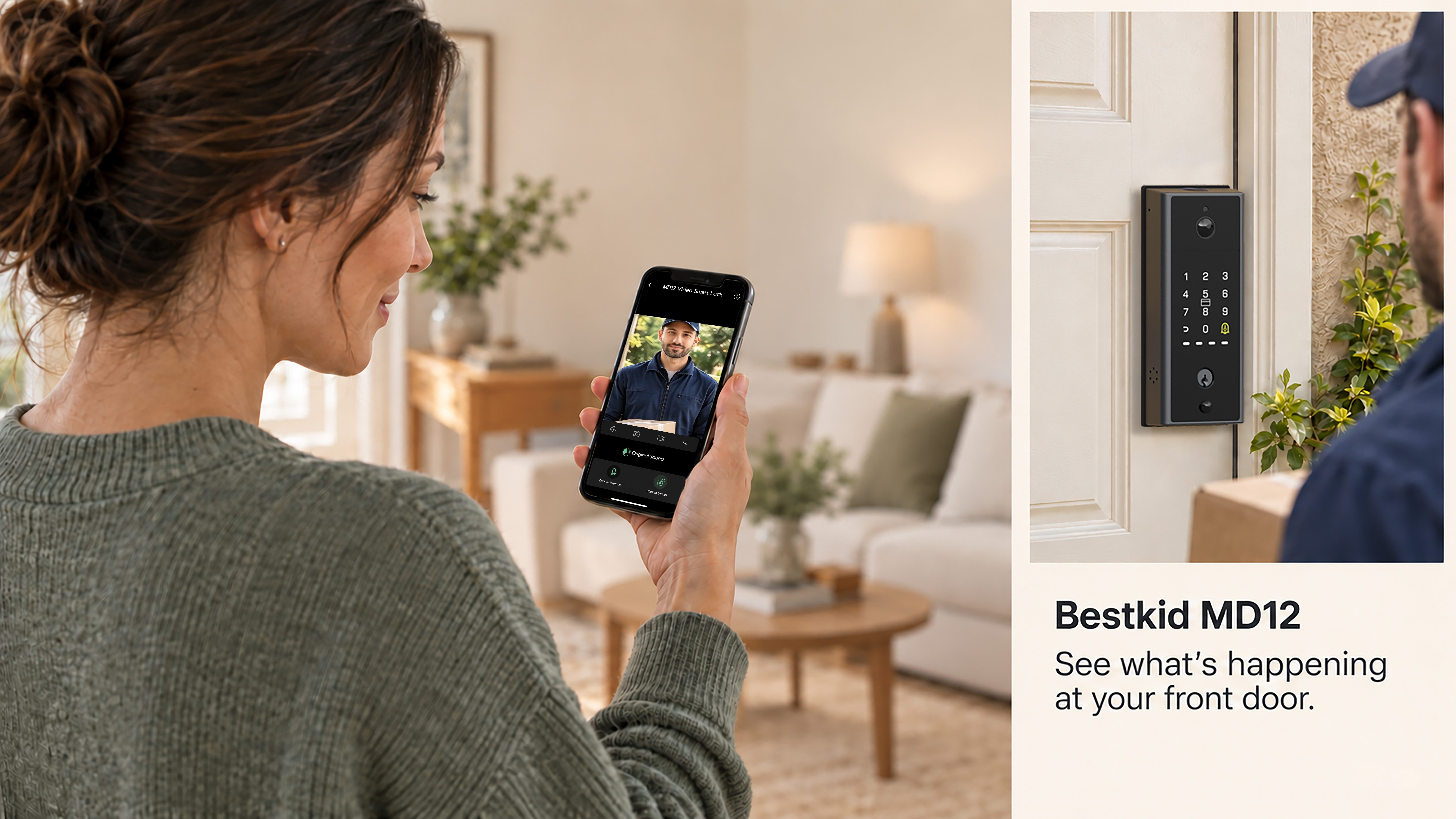 Bestkid MD12 illustration adult views a visitor on a simulated phone screen, alongside the exterior camera lock.