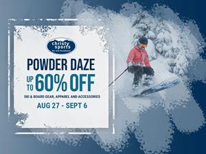 graphic image showing a skier in snow and advertising Christy Sports Powder Daze Sale.