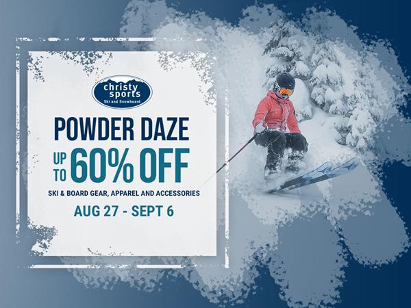 graphic image showing a skier in snow and advertising Christy Sports Powder Daze Sale.