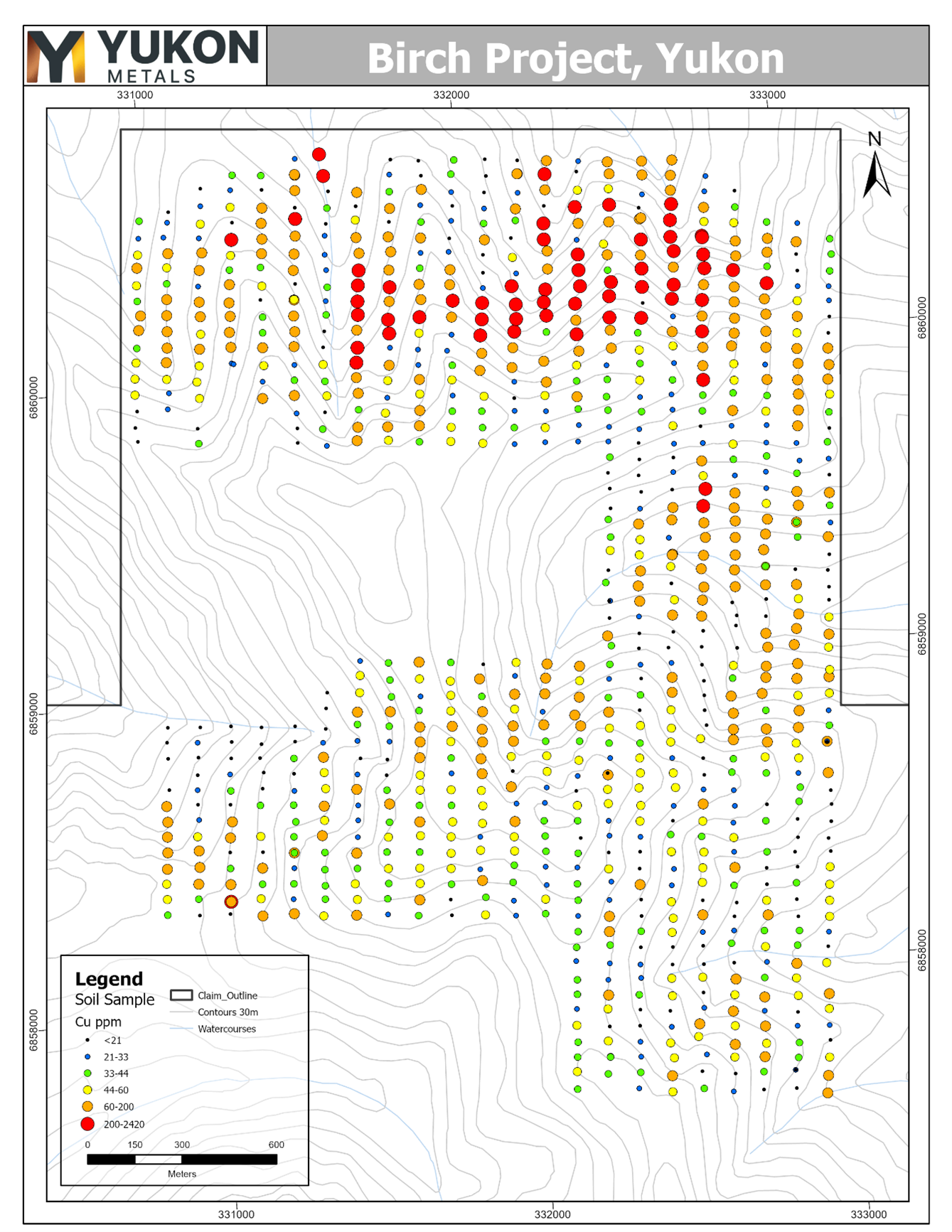 Copper-in-soils at Birch 50m x 100m grid.