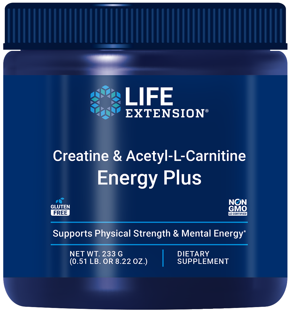 Life Extenion’s New Creatine & Acetyl-L-Carnitine Energy Plus powder supplement Non-GMO and Gluten-Free 