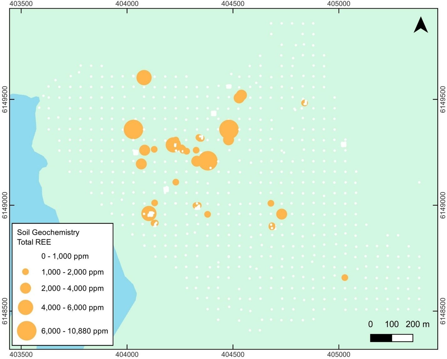 Distribution of TREE (Total Rare Earth Elements) concentrations in soil samples from the Burntwood project area.