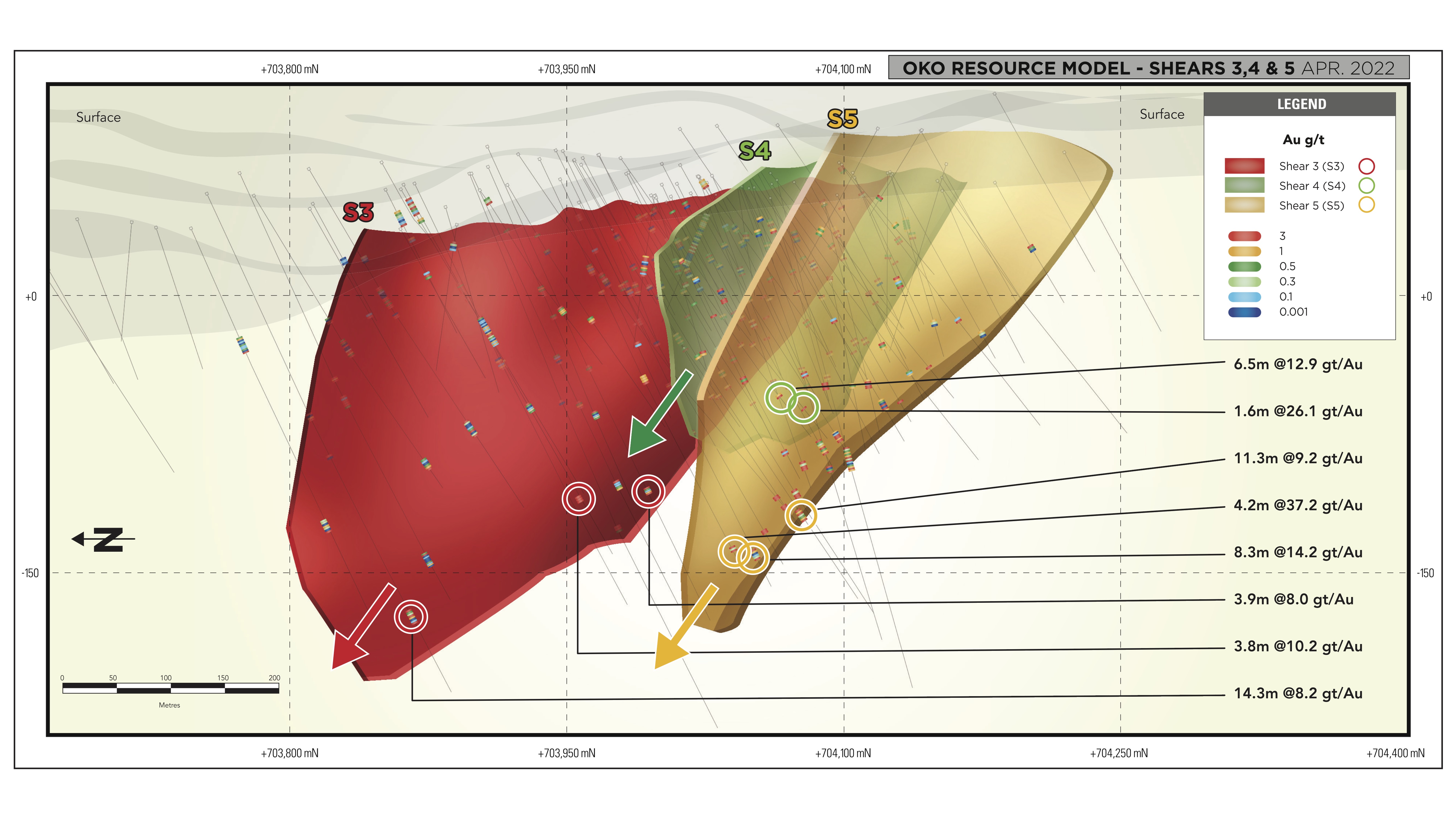 G2 Announces Inferred Resource of 974,000 ounces Au (@ 9.25 g/t) and Indicated Resource of 220,000 ounces Au (@ 8.63 g/t): A three-dimensional image of the resource model
