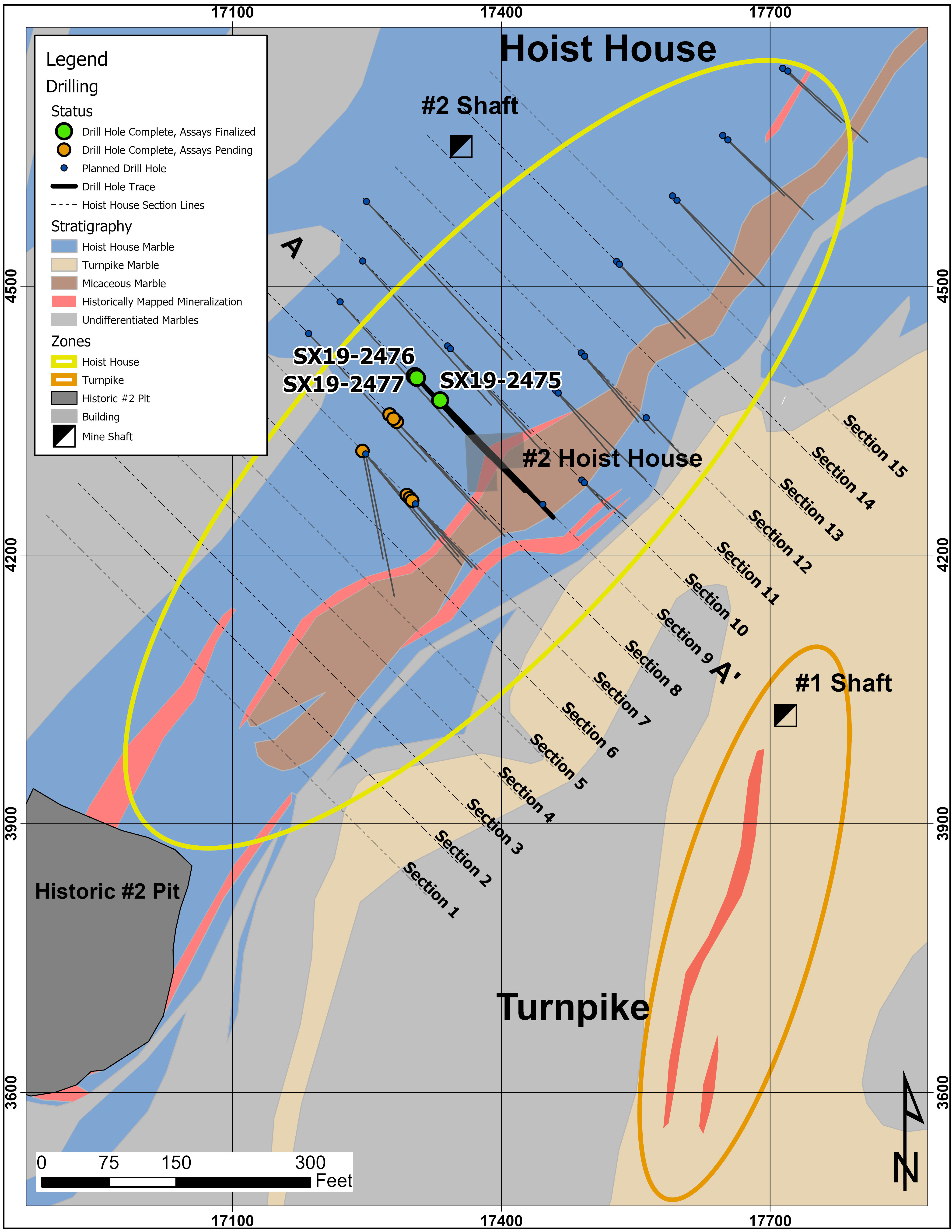 Figure 2 – Plan View of Hoist House and Turnpike Zones Showing Drill Hole Locations