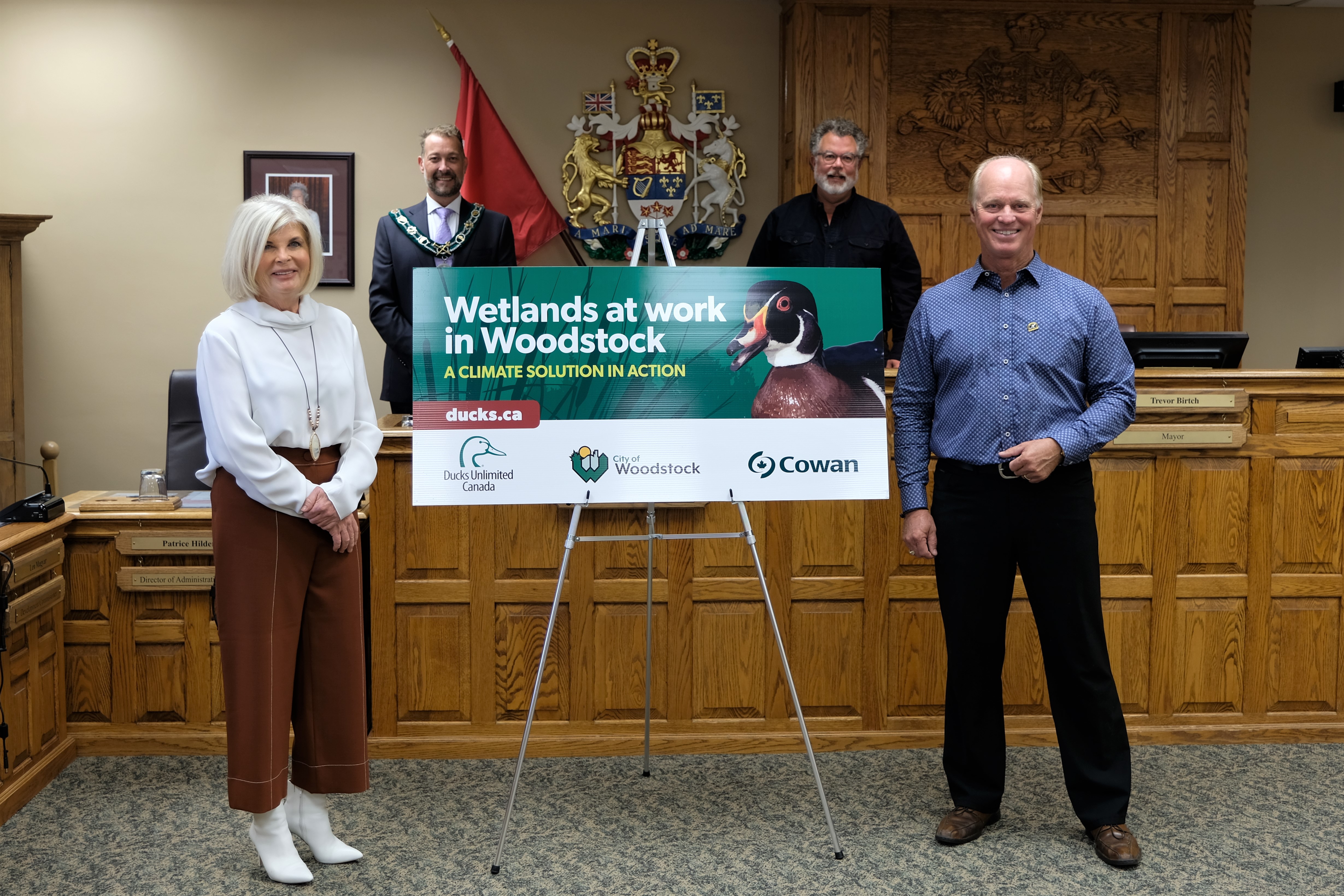 (L to R) Heather McLachlin, President, Cowan Insurance Group Ltd; Mayor Trevor Birtch, City of Woodstock; William Jones, Manager of Development, Ducks Unlimited Canada; Phil Holst, Director, Ducks Unlimited Canada