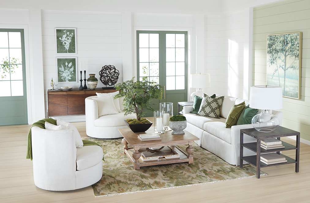 Green living room with white sofa