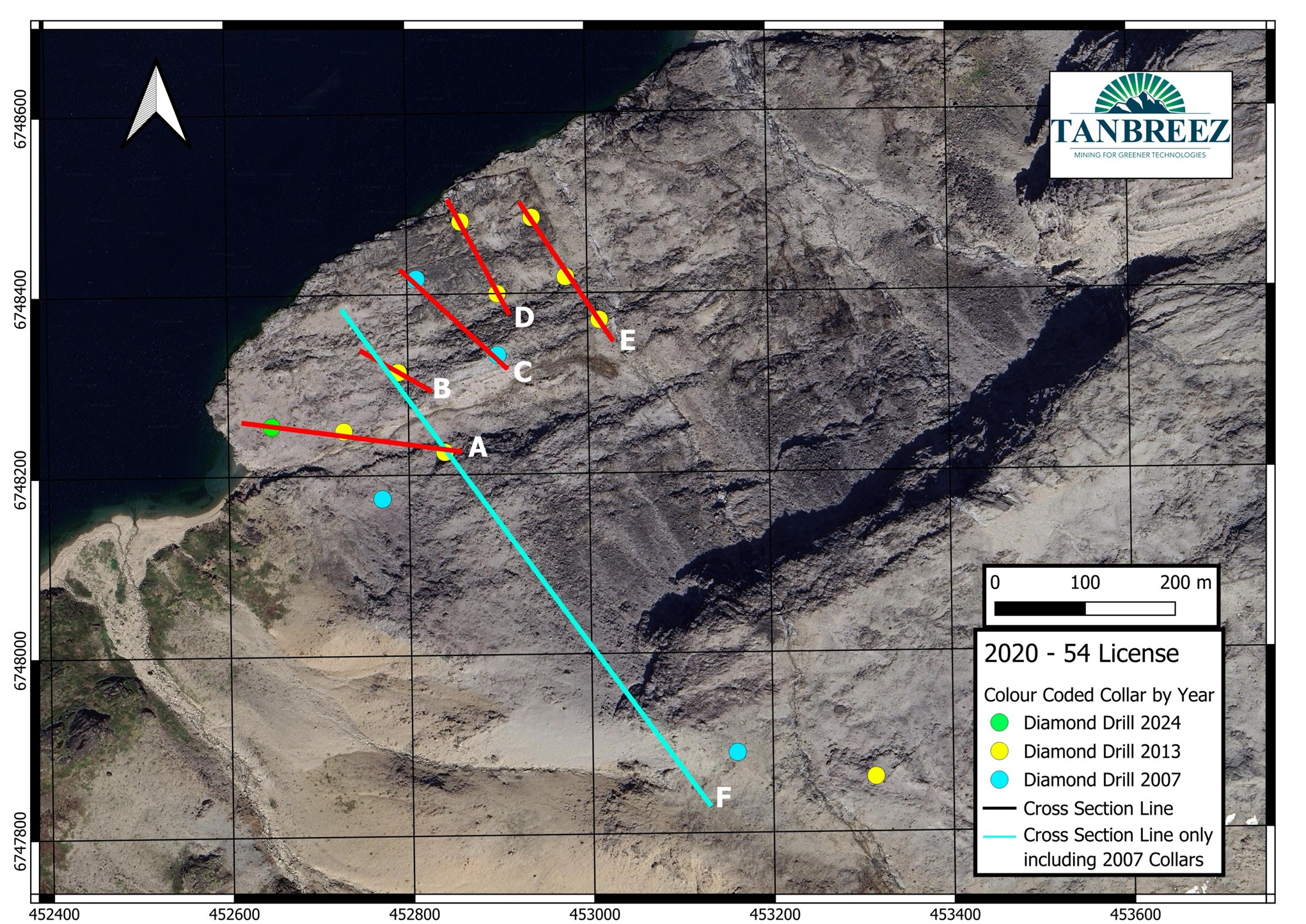 Deep drilling extending below the Fjord Mineral Resource Estimate with section lines