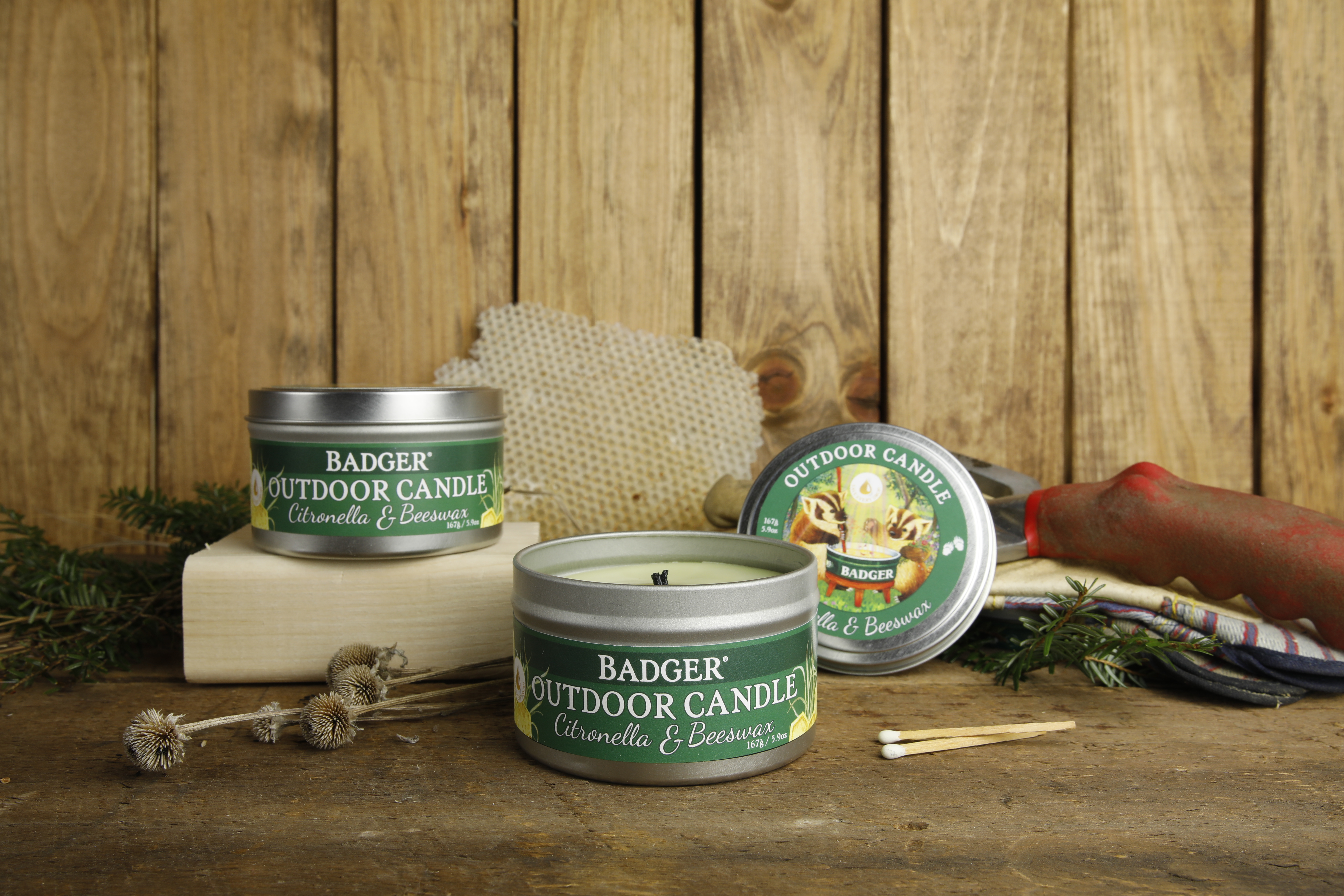 Food-grade organic oils and waxes used to flush production lines at Badger manufacturing facility find new life as clean-burning, all natural outdoor citronella candles in reusable tins.