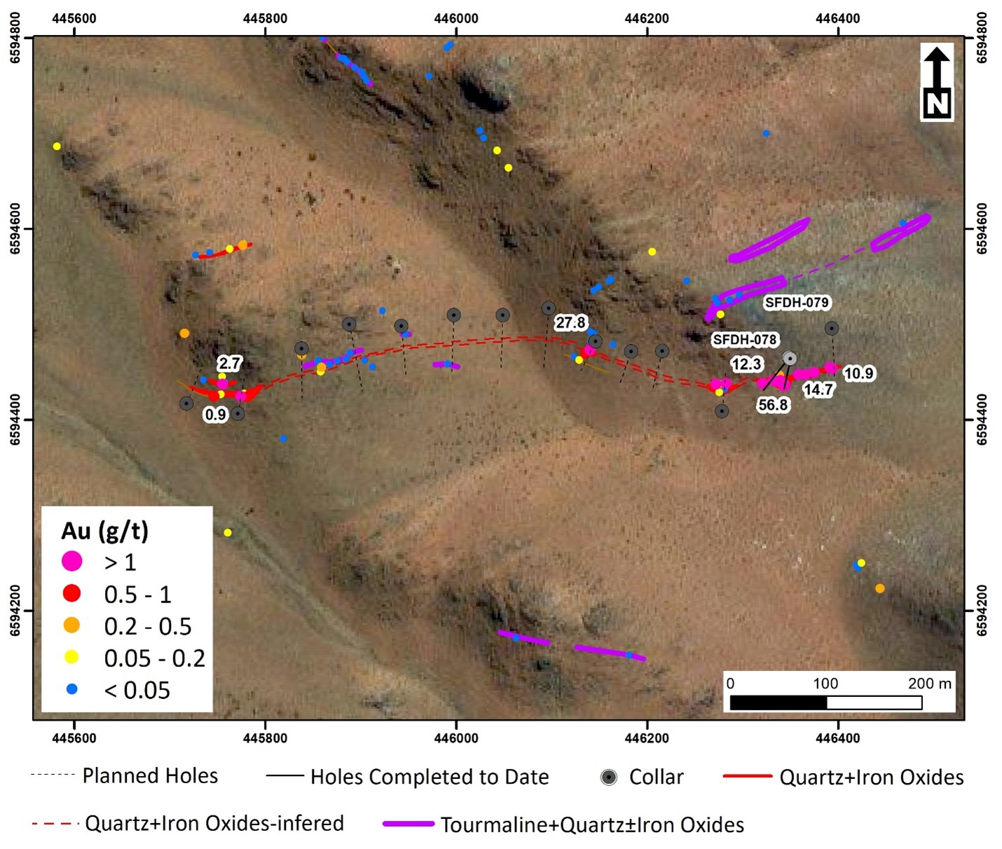 Veta Rica with location of discovery holes SFDH-078 and 079 and planned follow up drill holes.