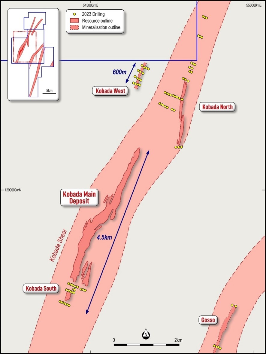 Plan showing targets and Toubani drilling adjacent to the Kobada Main Deposit