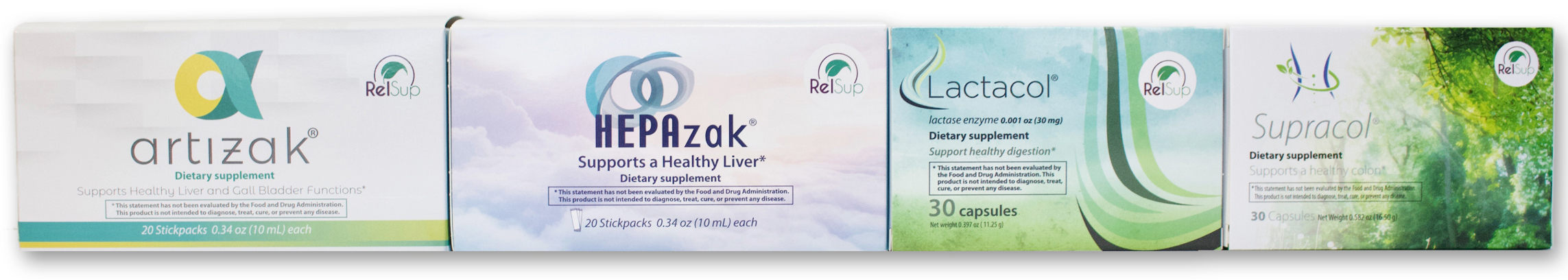 RelSup dietary supplements available at Amazon, VitaBeauti.com, and StackedNutrition.com include: 1) Supracol, which targets the colon to support digestive function, contains butyric acid, prebiotics, and probiotics. 2) Artizak, which provides strong support for liver, gall bladder, and digestive function, helps promote metabolic health. Artizak contains a unique set of ingredients that include artichoke leaf extract, dandelion root extract, inositol, and choline dihydrogen. 3) Lactacol, which contains an enzyme, lactase, that aids in the digestion of dairy products. 4) Hepazak, which was developed to support liver health by providing unique ingredients that promote liver injury protection, contains a potent antioxidant, reduces acidosis, and aids in eliminating dyspeptic disorders. Hepazak comes in a 10ml liquid foil pack.