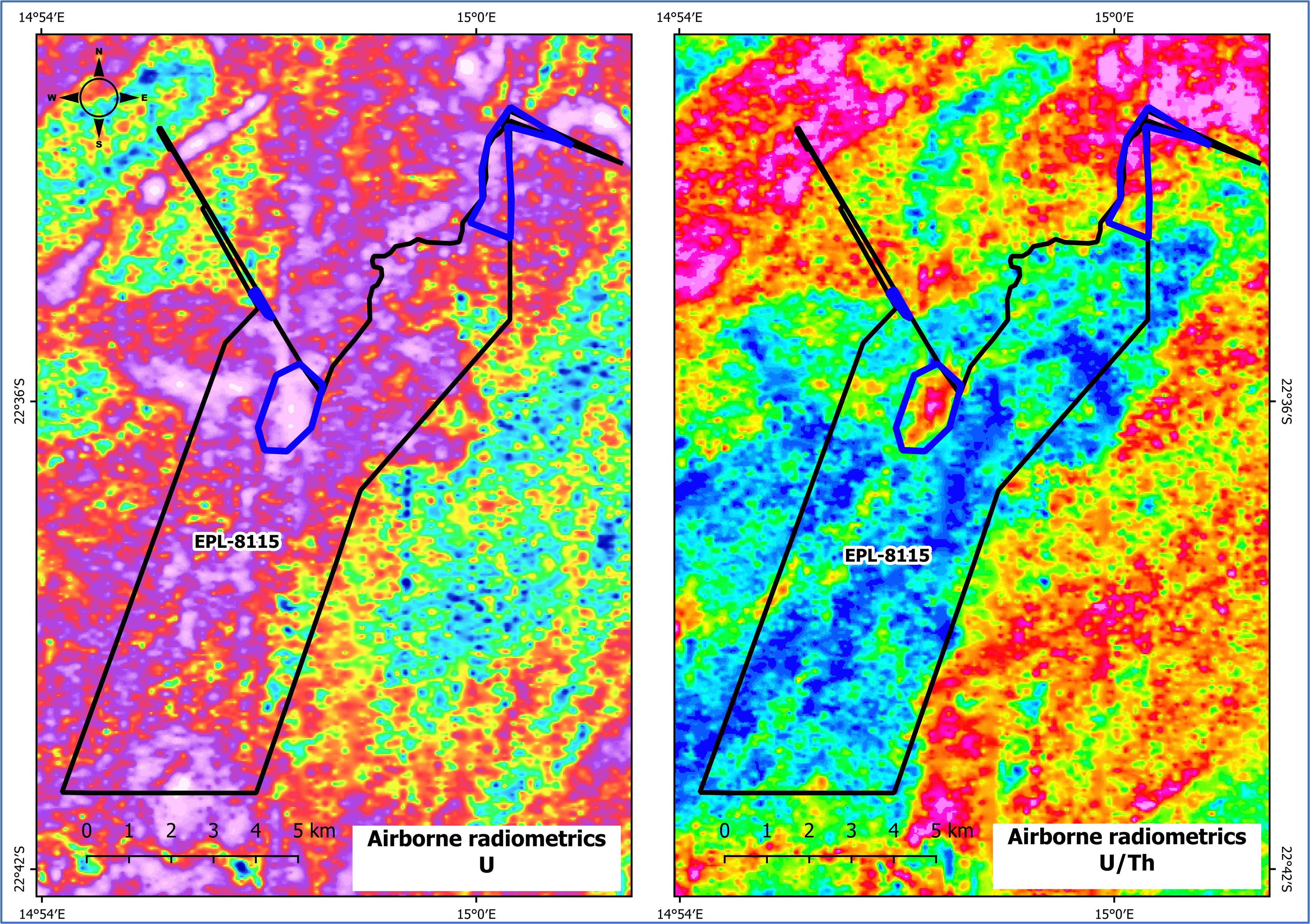 Airborne radiometric signature and targets (blue outline) over EPL-8115.