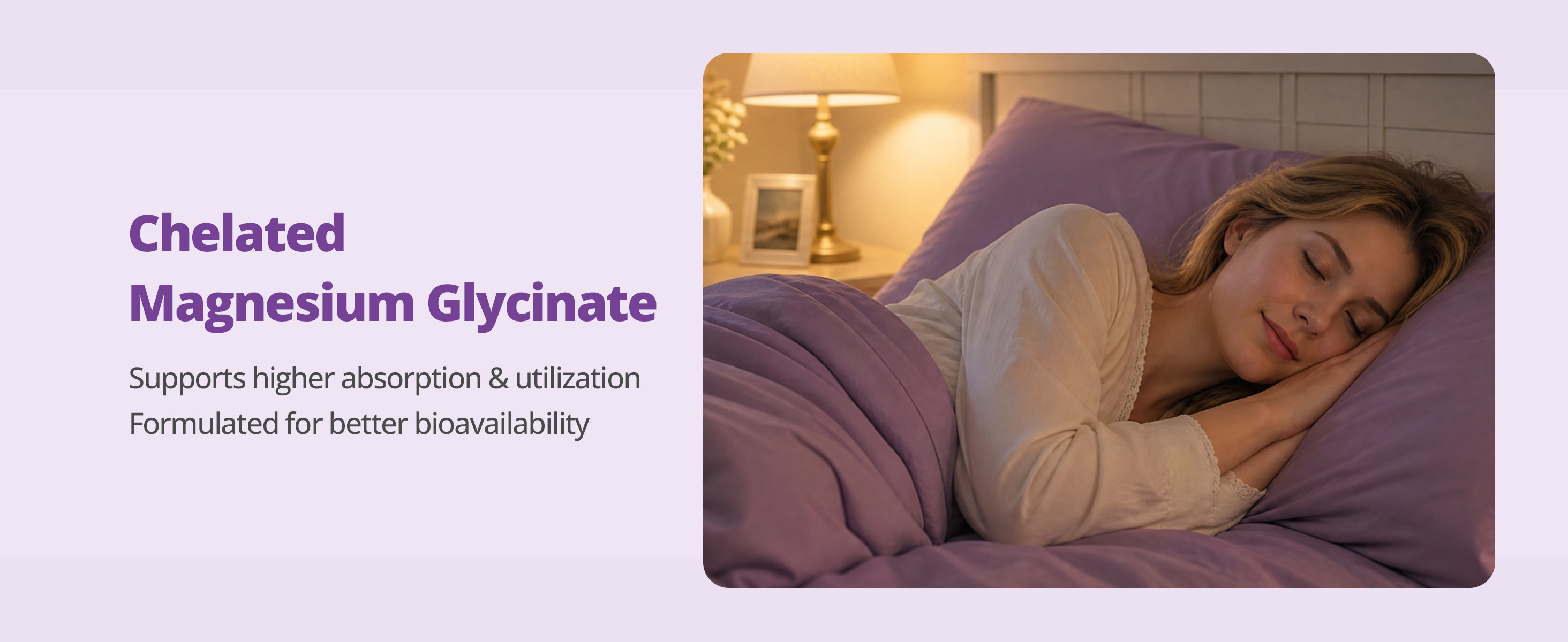 Woman sleeping peacefully in bed with purple bedding, representing restful sleep support from chelated magnesium glycinate bioavailability.