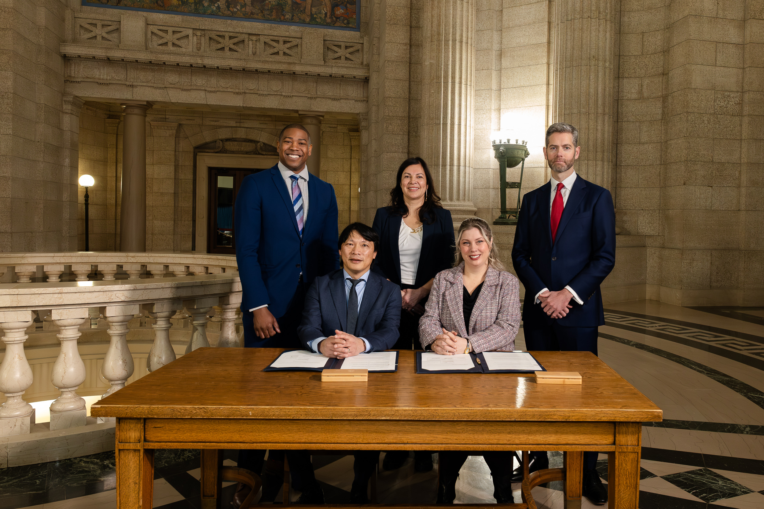 Honourable Jamie Moses, Minister of Business, Mining, Trade and Job Creation, Honourable Rebecca Chartrand, Minister of Northern and Arctic Affairs, Nick Hays, President & CEO Winnipeg Airports Authority, Chris Avery, President & CEO, Arctic Gateway Group, Carly Edmundson, President & CEO, CentrePort Canada