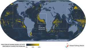 Global map showing fraction of fishing vessel activity obscured by suspected AIS disabling