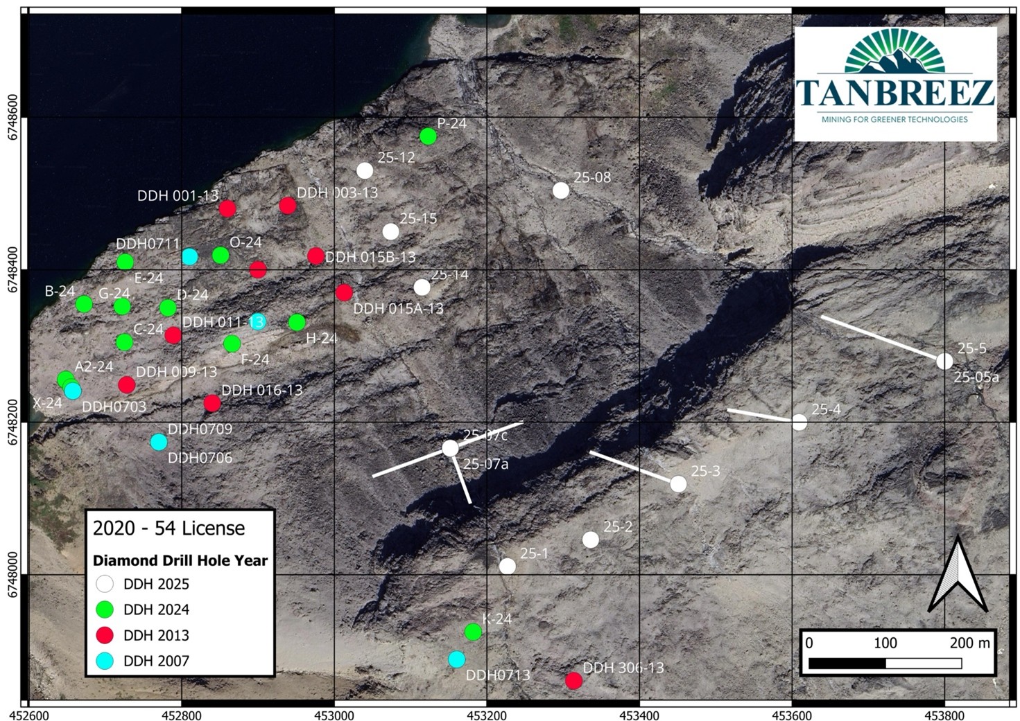 Drill hole collar map with 2024 collar positions in green, 2013 collar positions in red and 2025 drill collars in white with star bursts awaiting drilling. Drill Holes 24-DD03-AS and 24-DD15-Y and D25-5A, D25-9 are sanitisation ,stratigraphic and regional exploration holes and will be reported separately