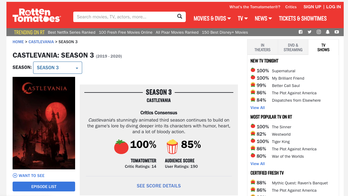 Castlevania on Rotten Tomatoes