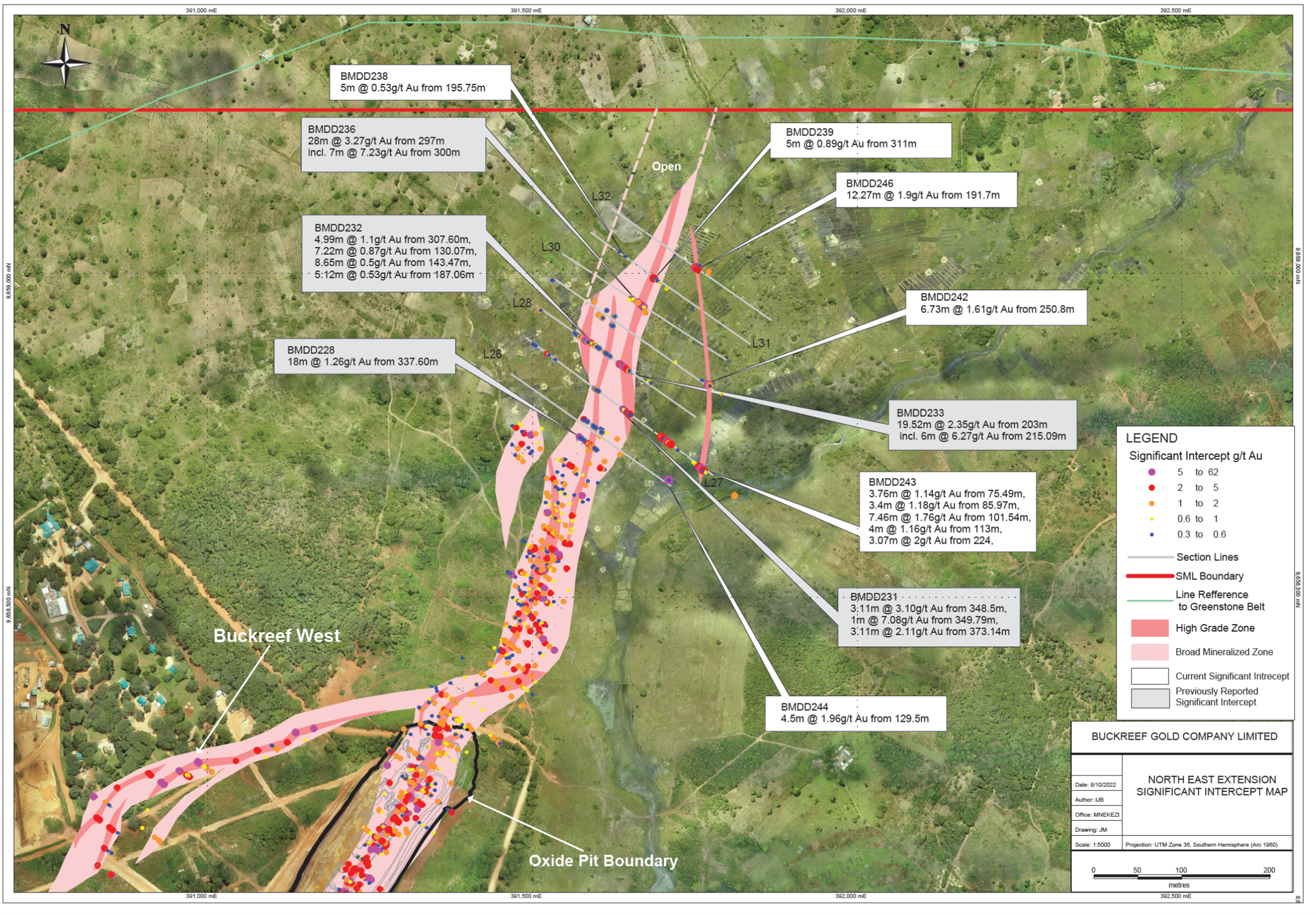 Map Showing Mineralization Extension and Location of Drill Results at Buckreef Main Zone NEE