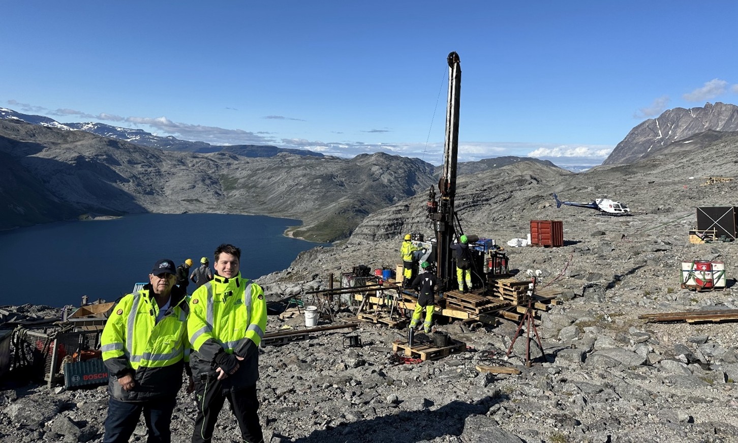Diamond Drill Hole K25-01 with Project Geologist Nic Barnes and Chief Technical Officer George Karageorge 10 July above the Fjord Deposit