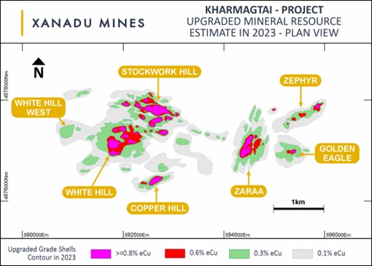 Figure 1: Plan view of the Kharmagtai district, displaying the Mineral Resource Estimate.