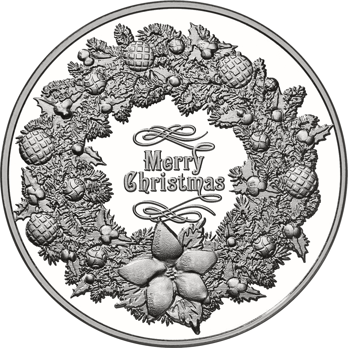 Picture Two: Merry Christmas Wreath
Merry Christmas is engraved in the center of the wreath holiday collectible.  The exquisite, detailed engraving can be seen and felt, while the beauty of the poinsettia blossoms as the hearth of the wreath.  The round is one troy ounce of .999 fine silver, measuring 39mm diameter and thickness of 0.12”.  
For more information on Osborne Mint visit our website at www.OsborneMint.com / #OsborneMint

#MadeInTheUSA
#MadeInAmerica
#Holidays
#Christmas
#Kwanzaa
#Hanukkah 
