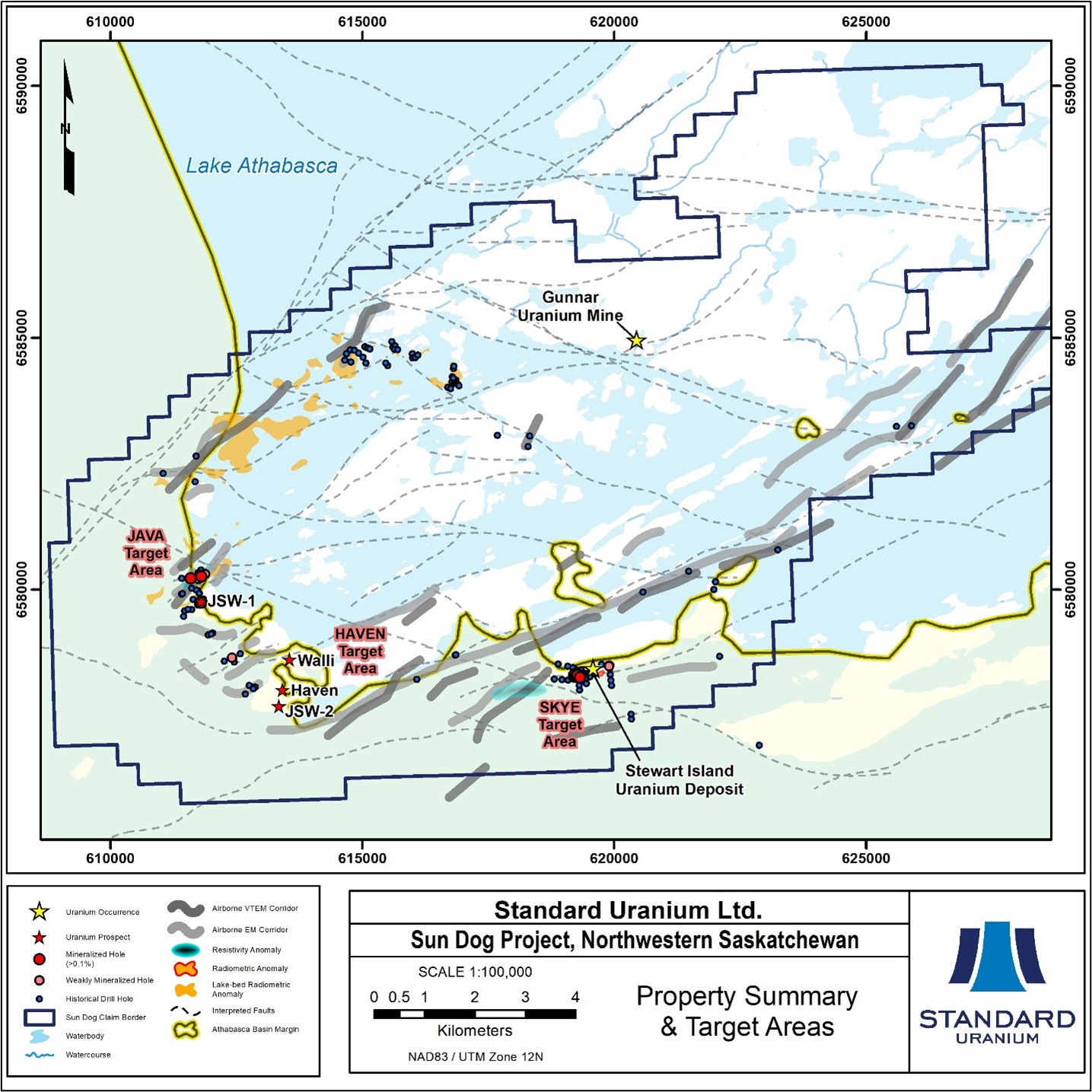 Plan map of Sun Dog highlighting historical drill holes, geophysical conductors, and high-priority target areas.