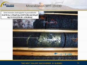 Figure 14 Semi-massive chalcopyrite mineralization MYT-19-30