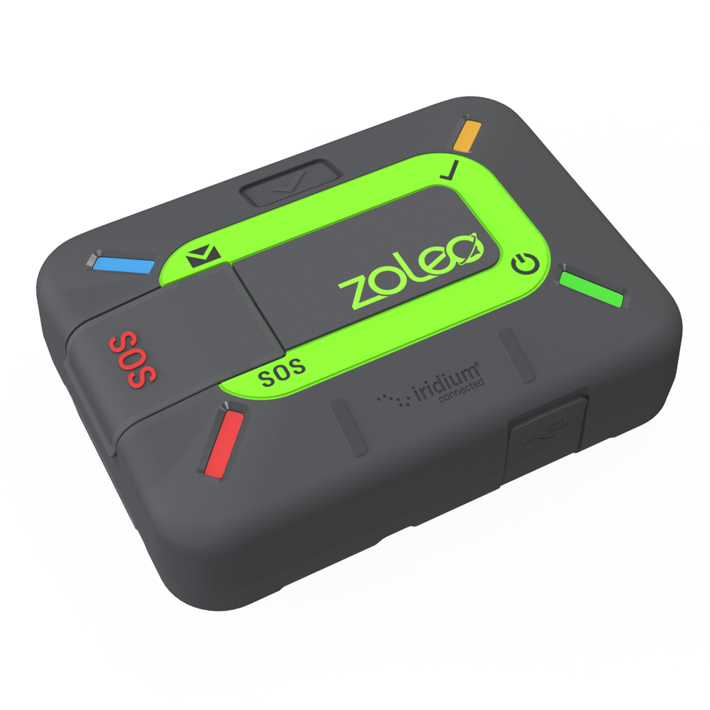 ZOLEO Satellite Communicator with All LED's Lit Angled