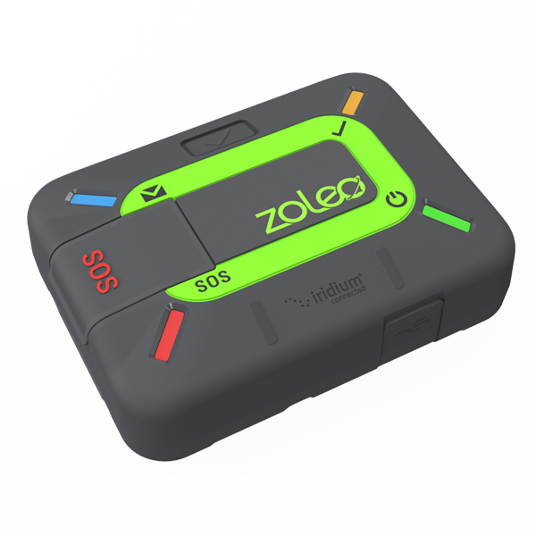 ZOLEO Satellite Communicator with All LED's Lit Angled