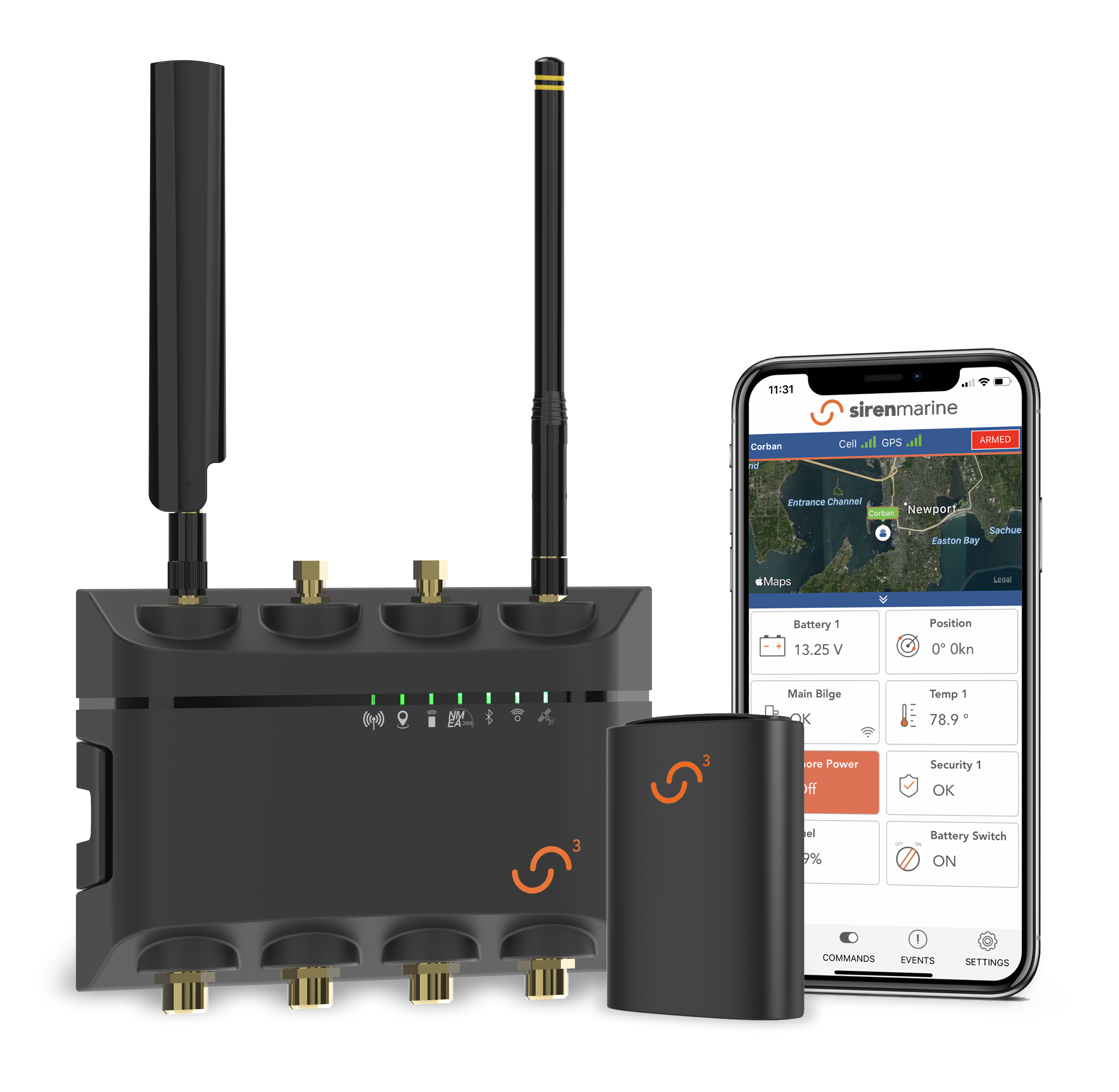 The Siren 3 Pro is a full-featured, smart boat monitoring system that enables boaters to remotely monitor their boat's location, battery, bilge, entry status and more. It also boasts built-in NMEA 2000, Global LTE connectivity and remote digital switching (allowing users to control various onboard systems through the Siren Marine Mobile App). 