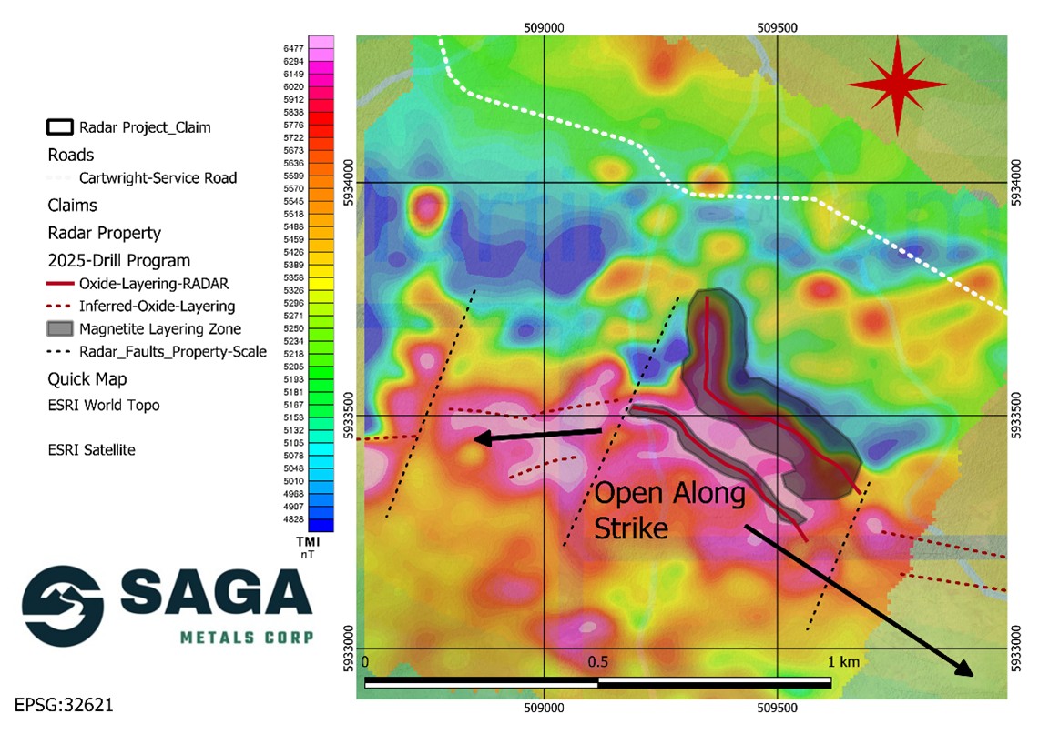 500m strike by 350m width magnetic anomaly drilled in winter 2025 program. (2024 SAGA Metals. TMI Magnetic Survey).
