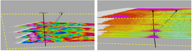 (left) Borehole IP Composite Level Plan/Section with Proposed -88 degree Borehole to 600 m; (right) VTEM Composite Level Plan/Section with Proposed -88 degree Borehole to 600 m