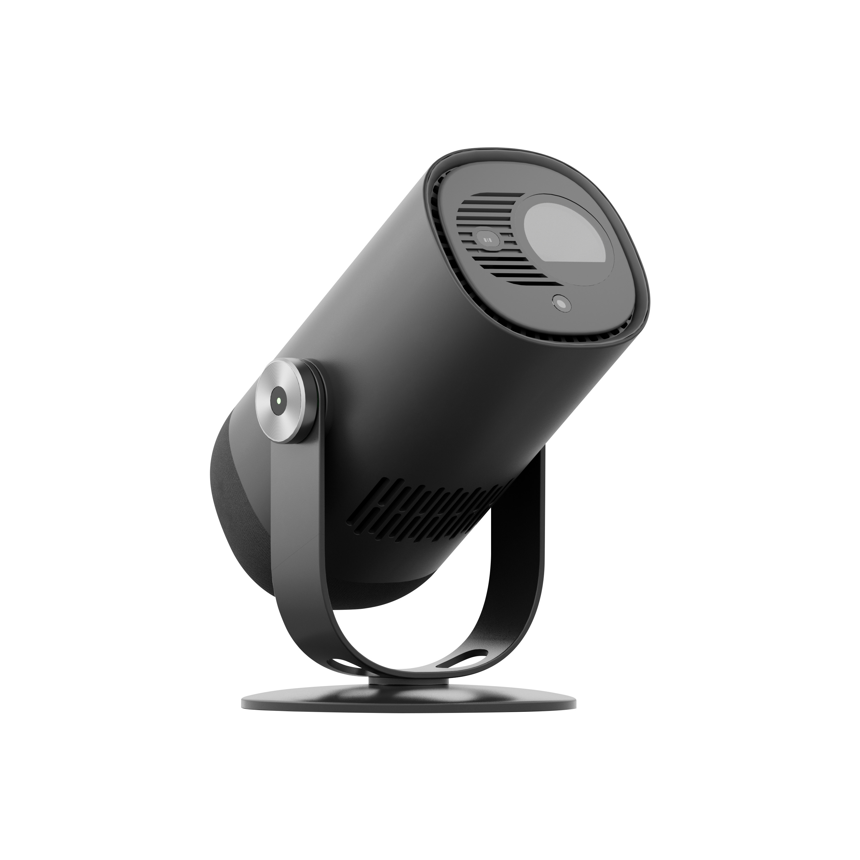 Proyector portátil Dangbei Freedo en color negro con soporte gimbal, visto en ángulo lateral