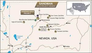 Sandman Project location map of Northern Nevada relative to the surrounding operating gold mines and mineral resources. Reference to the nearby projects is for information purposes only and there are no assurances the Company will achieve the same results.