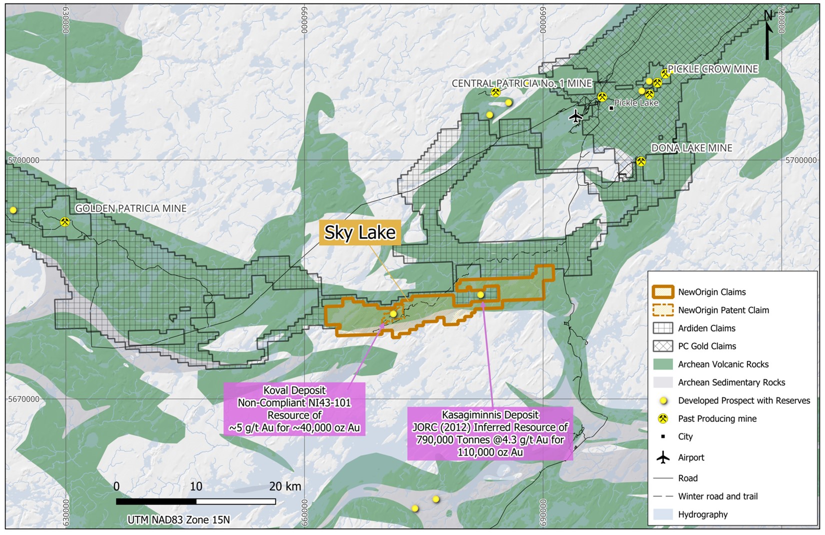 Localisation du projet aurifère Sky Lake de NewOrigin dans la géologie favorable du camp aurifère de Pickle Lake en Ontario.